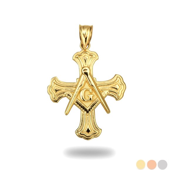 10K Solid Gold Freemason Cross Square and Compass Pendant